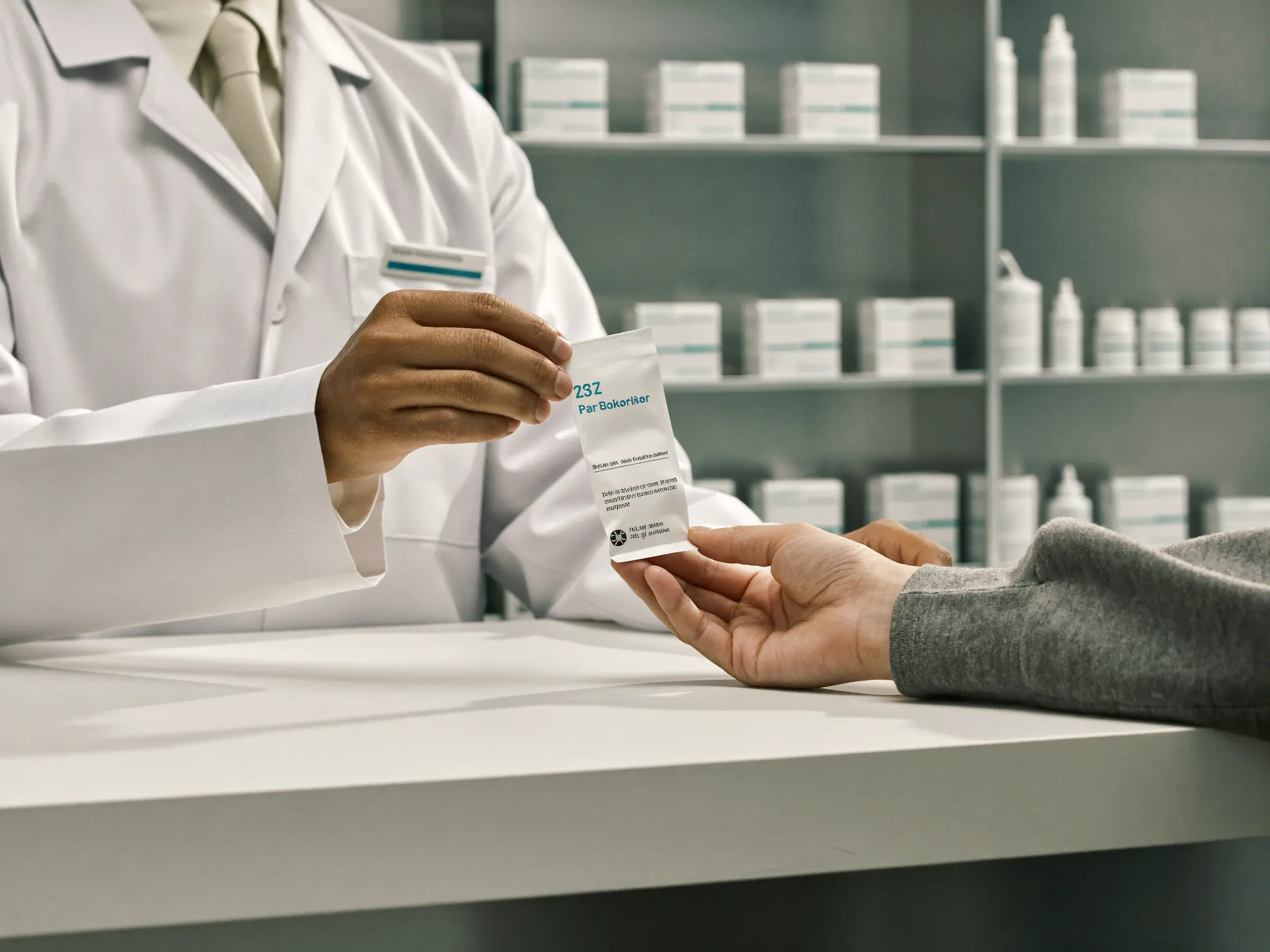 A pharmacist's hands passing medicine across a counter